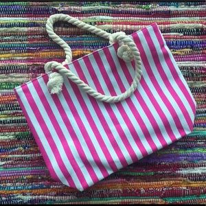 Pink and white striped beach bag